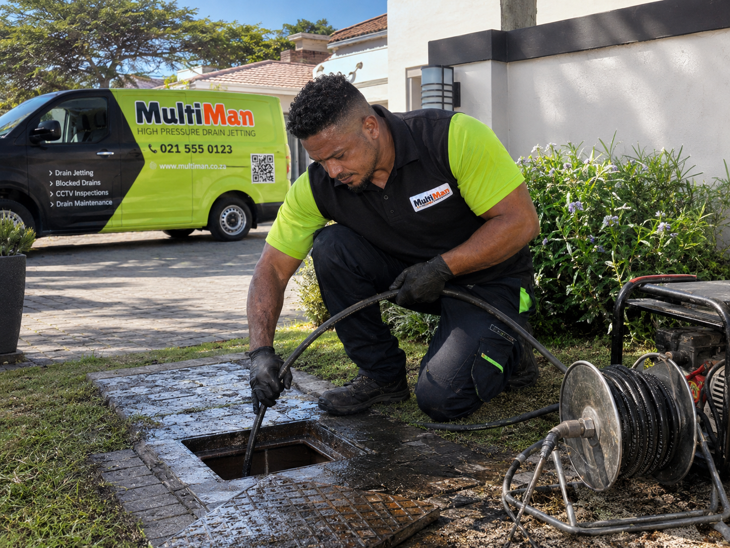 MultiMan high pressure drain jetting technician on a job in the Helderberg
