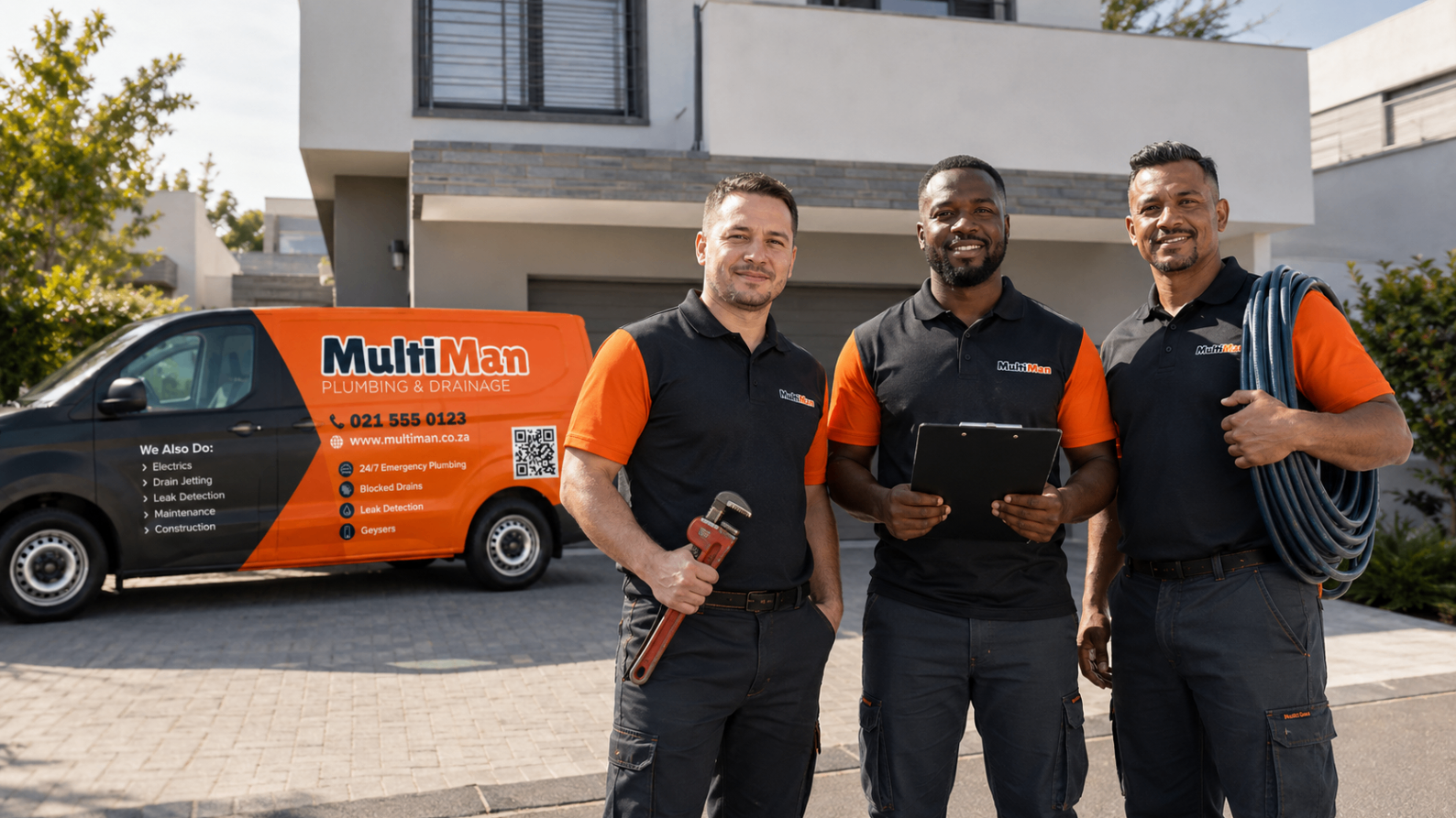 MultiMan technicians standing in front of a branded van outside a residential property.